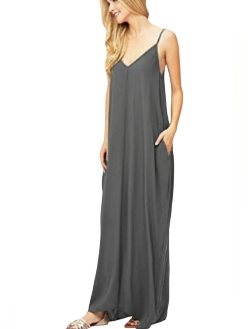 Lovestitch Dark Grey Crinkle Gauze Spaghetti Straps Pockets Maxi Dress Rayon S/M